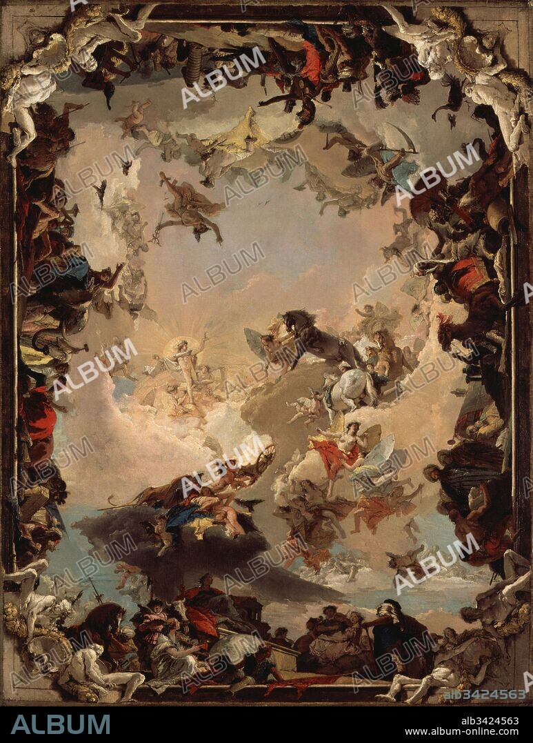 Allegory of the Planets and Continents, 1752, Oil on canvas, 73 x 54 7/8 in. (185.4 x 139.4 cm), Paintings, Giovanni Battista Tiepolo (Italian, Venice 1696–1770 Madrid), This picture, Tiepolo's largest and most dazzling oil sketch, represents Apollo about to embark on his daily course across the sky. Deities around the sun god symbolize the planets, and allegorical figures on the cornice represent the four continents.