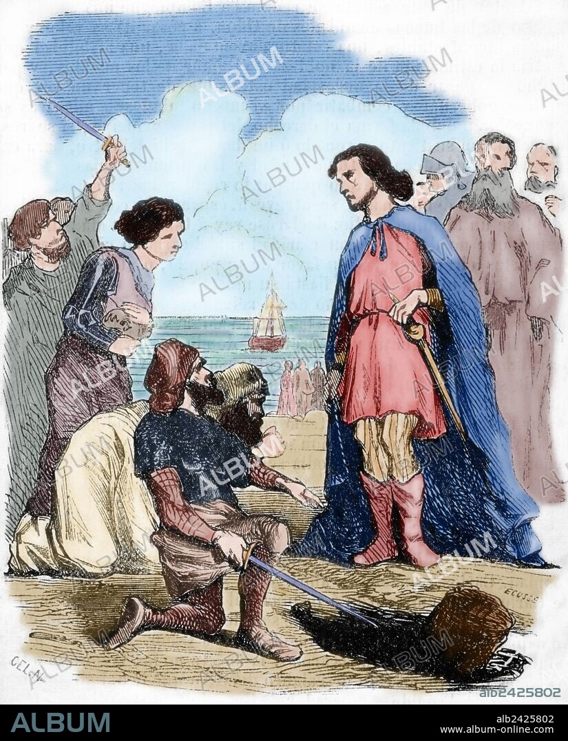 LUIS IV de Francia, apodado "de Ultramar" (920-954). Rey de Francia Occidental de 936-954. Dinastía Carolingia. "Llegada de Luis IV a Inglaterra". Grabado coloreado.