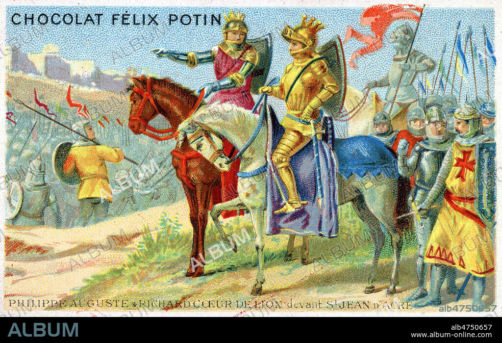 'Philippe Auguste (1165-1223) et Richard Coeur de Lion (1157-1199) devant St Jean d'Acre', lors de la troisieme croisade. Chromo publicitaire Felix Potin vers 1890. Illustration anonyme. Credit : Collection KHARBINE-TAPABOR.