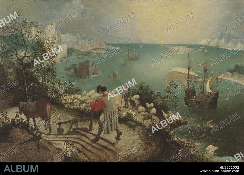 BRUEGEL (BRUEGHEL), PIETER, THE ELDER. Landscape with the Fall of Icarus.