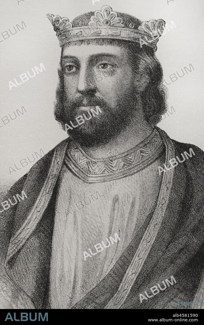 Alfonso VIII of Castile (1155-1214), called the Noble or the one of the Navas. King of Castile from 1158 and King of Toledo. Illustration by Llanta. Lithography. Cr—nica General de Espa–a, Historia Ilustrada y Descriptiva de sus Provincias. Castilla-La Vieja, 1870.