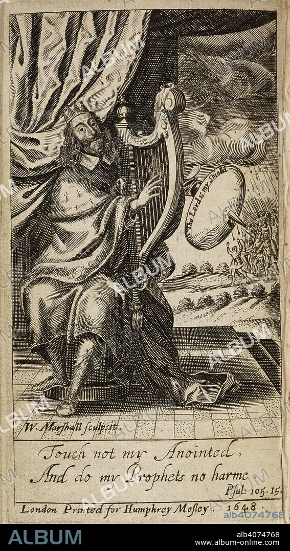 MALVEZZI, VIRGILIO, MARQUIS.. King Charles I, depicted as King David, playing a harp. Il Davide Perseguitato: David Persecuted: ... Done into English by R. Ashley. London, 1647. Source: E.1161.(2).