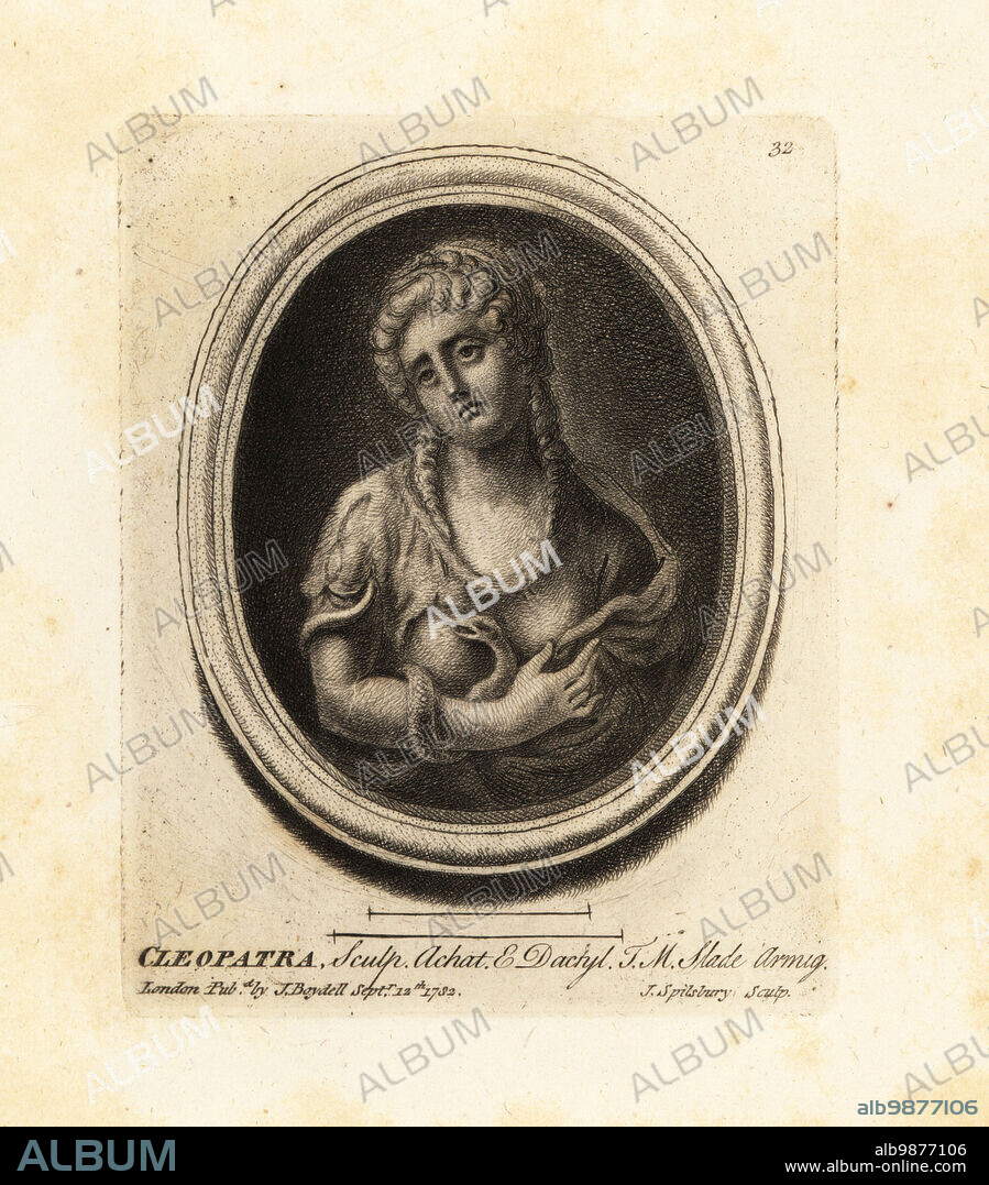 Death of Cleopatra VII, the last ruler of Ptolemaic Egypt, in 30BC. She holds a poisonous asp at her breast. In agate and dactylotheca from the collection of the art dealer Thomas Moore Slade. Mezzotint copperplate engraving by John Spilsbury from his Collection of Fifty Prints from Antique Gems, John Boydell, London, 1785.