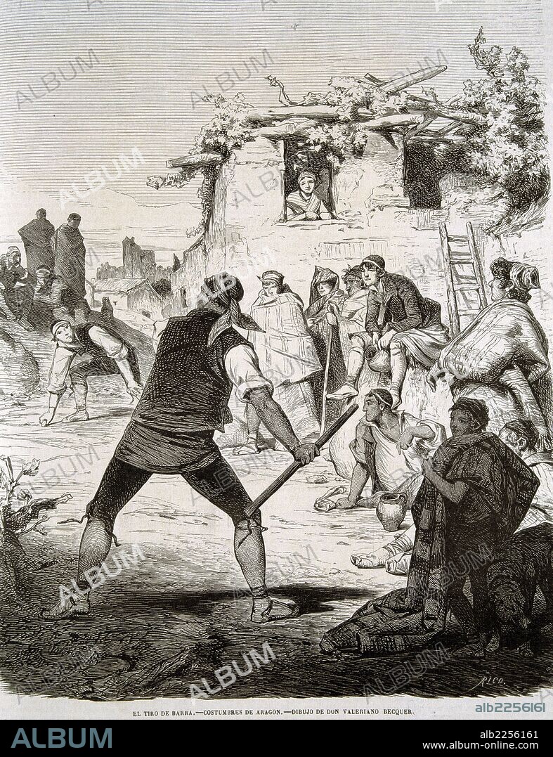 VALERIANO DOMINGUEZ BECQUER. BECQUER, VALERIANO DOMINGUEZ. PÌNTOR ESPAÑOL. SEVILLA 1833 - 1870. EL TIRO DE BARRA. GRABADO DEL AÑO 1860 EN LA REVISTA " EL MUSEO UNIVERSAL ".