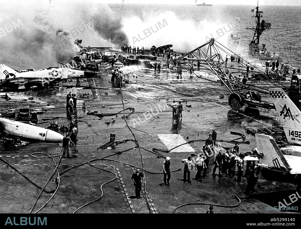 Uss forrestal devastated by a rocket explosion on the bridge. vietnam. July 1967.