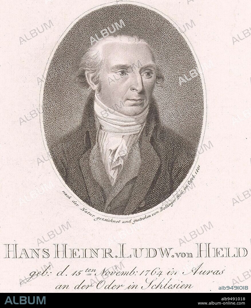 Portrait of Hans Heinrich Ludwig von Held, Friedrich Wilhelm Bollinger, 1801, print maker: Friedrich Wilhelm Bollinger, (mentioned on object), Friedrich Wilhelm Bollinger, (mentioned on object), , Berlin, Oct-1801, paper, h 142 mm - w 120 mm.