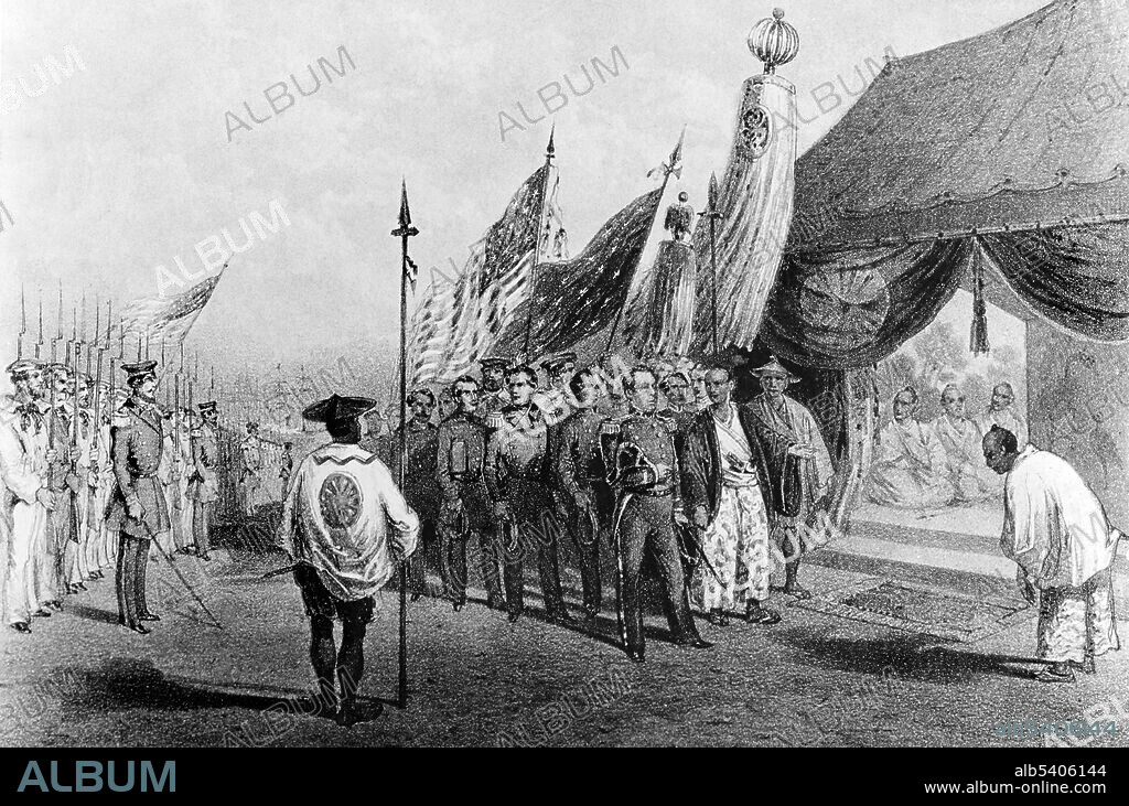 Commodore Perry, USN, landed at Yokohama, Japan on March 8, 1854, with 500 men, amid pomp and ceremony and received the answer to President Fillmore's letter which he has personally delivered. Matthew Calbraith Perry (April 10, 1794 - March 4, 1858) was a Commodore of the US Navy who commanded ships in several wars, including the War of 1812 and the Mexican-American War (1846–1848). He played a leading role in the opening of Japan to the West with the Convention of Kanagawa in 1854. Lithograph by Sarony & Company (cropped and cleaned).