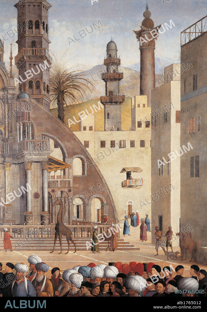 Sermon of St Mark in Alexandria, by Giovanni Bellini, Gentile Bellini, 1504-1507 about, 16th Century, oil on canvas, cm 347 x 770. Italy, Lombardy, Milan, Brera Art Gallery. Detail. Facade basilica buildings giraffe tower yellow brown. Authorization required for non editorial use.