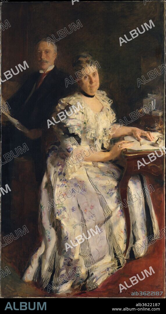 Mr. and Mrs. Anson Phelps Stokes. Artist: Cecilia Beaux (American, Philadelphia, Pennsylvania 1855-1942 Gloucester, Massachusetts). Dimensions: 72 1/16 x 39 7/8 in. (183 x 101.3 cm). Date: 1898 (?).
This portrait by the esteemed figure painter Cecilia Beaux depicts Anson Phelps Stokes (1838-1913) and his wife, Helen Louisa Stokes (1846-1930), in their Madison Avenue residence. The unconventional composition foregrounding the woman, with the man modestly relegated to the background, echoes John Singer Sargent's famous portrait of the sitters' daughter-in-law and son painted in London the previous year (38.104).