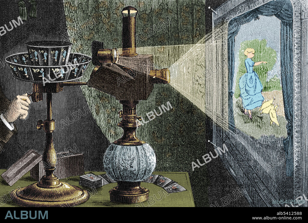 The praxinoscope was an animation device, the successor to the zoetrope. It was invented in France in 1877 by Charles-Emile Reynaud. Like the zoetrope, it used a strip of pictures placed around the inner surface of a spinning cylinder. The praxinoscope improved on the zoetrope by replacing its narrow viewing slits with an inner circle of mirrors, placed so that the reflections of the pictures appeared more or less stationary in position as the wheel turned. Someone looking in the mirrors would therefore see a rapid succession of images producing the illusion of motion, with a brighter and less distorted picture than the zoetrope offered.