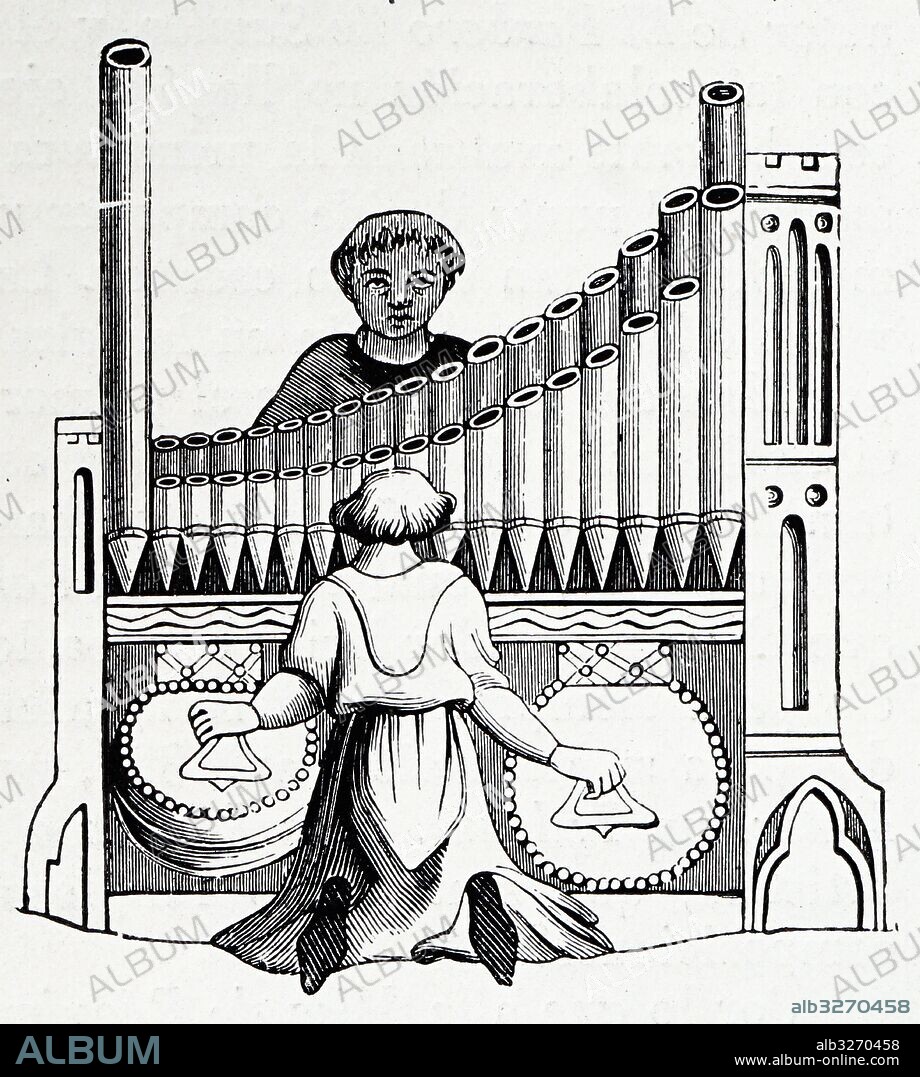 Drawing by a Latin psalter of a single keyboard organ, that produces sound by driving pressurized air through organ pipes. Dated 14th Century.
