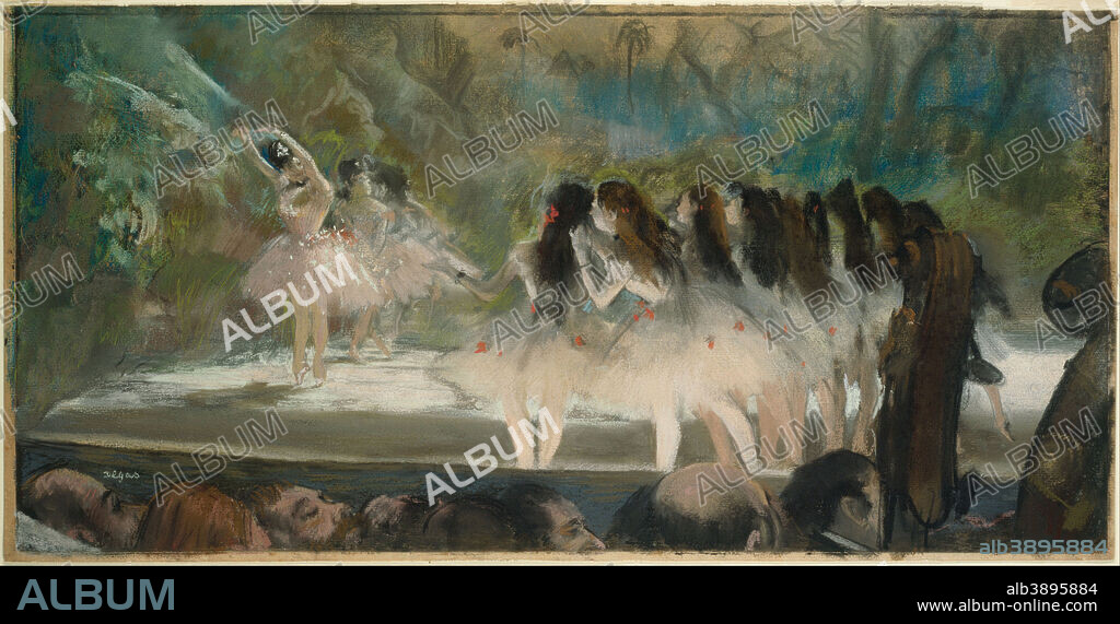 EDGAR DEGAS. Ballet at the Paris Opéra. Date/Period: 1877. Drawing and Watercolor. Pastel over monotype on cream laid paper Pastel over monotype on cream laid paper. Height: 352 mm (13.85 in); Width: 706 mm (27.79 in).