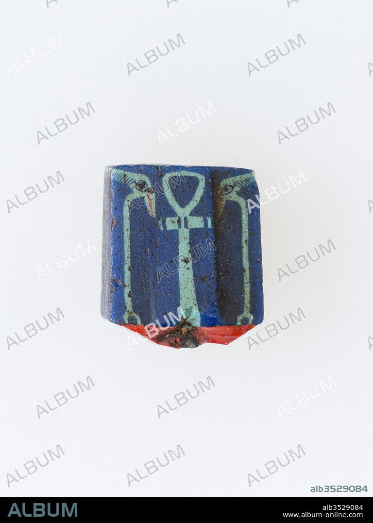 Inlay, ankh, was scepters, Ptolemaic Period–Roman Period, 100 BC–100 AD, From Egypt, Glass, H. 1.5 × W. 1.3 cm (9/16 × 1/2 in.), A mosaic glass technique allowed multiples of an image to be created: a figural or design composition was made by bundling colored glass canes, which were then drawn out into a long bar. The bar was then sectioned at right angles, probably by striking the bar with appropriate tools, to produce small inlay tiles.