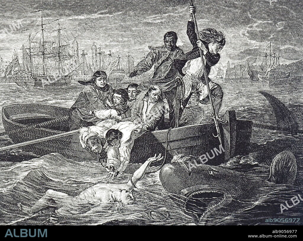 Engraving depicting the painting titled 'Watson and the Shark' a 1778 oil painting by John Singleton Copley, depicting the rescue of the English boy Brook Watson from a shark attack in Havana, Cuba. John Singleton Copley (1738-1815) an Anglo-American painter. Dated 19th century.