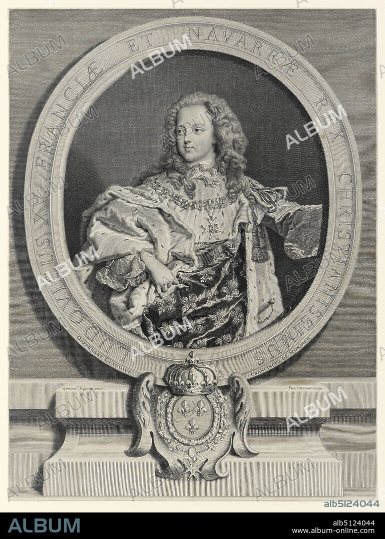 Artist: Pierre Drevet, French, 16631738, Artist: Pierre Imbert Drevet, French, 16971739, After: Hyacinthe Rigaud, French, 16591743, Louis XV, King of France (1710-1774), ca. 1724, Engraving, 44.9 × 33.7 cm (17 11/16 × 13 1/4 in.), Made in France, French, 17th century, Works on Paper - Prints.