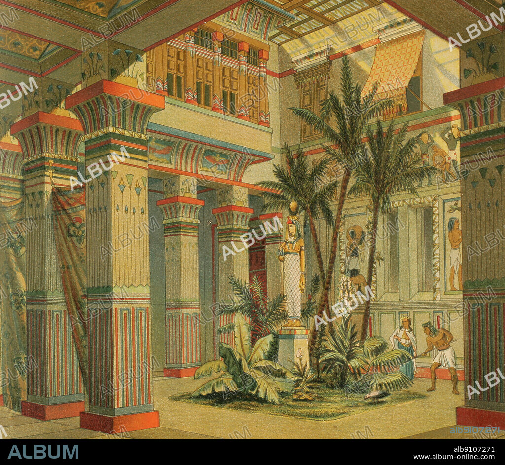 Interior of a room in an Ancient Egyptian house-palace. Chromolithography. "Historia Universal" (Universal History), by Cesar Cantu. Volume I. 1881.