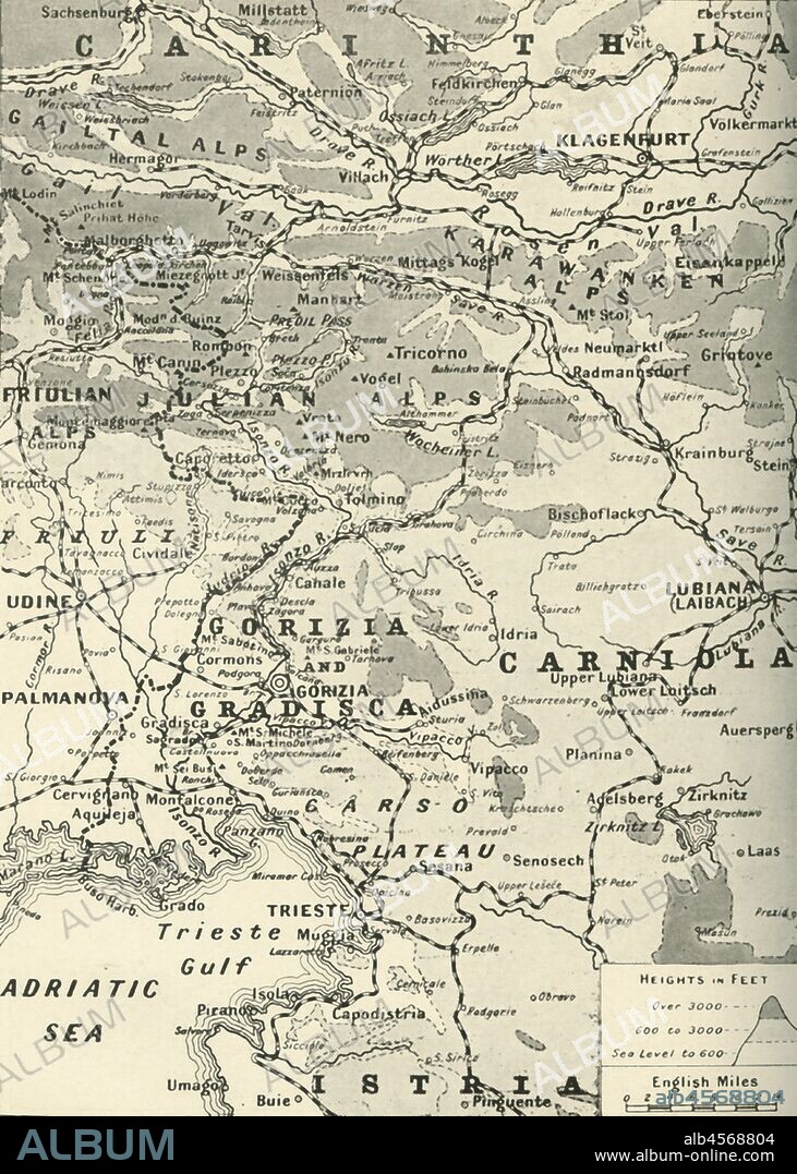 'Area of General Cadorna's Triumph on the Lower Isonzo', 1917. The Battles of the Isonzo were fought between Austro-Hungarian and Italian armies in  present-day Slovenia on the Isonzo River on the Italian Front between June 1915 and November 1917. From "The War Illustrated Album De Luxe - Volume VII. The Autumn Campaign of 1916", edited by J. A. Hammerton. [The Amalgamated Press, Limited, London, 1917].