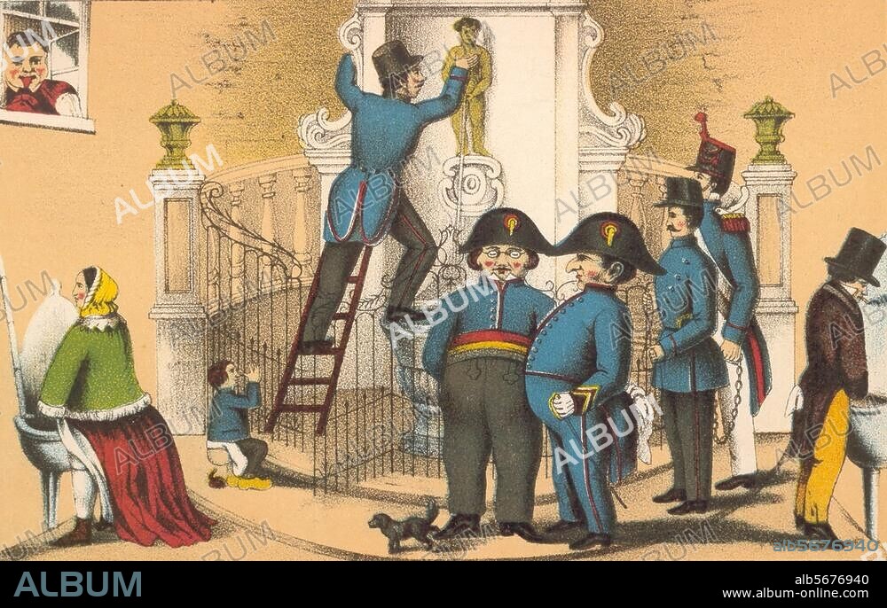 Brüssel (Belgien), Manneken-Pis. (Brunnenfigur, 1619 von J.Duquesnoy). "Verhaftung des Maneken Pis (wegen einer Polizeivontravention". Farblithographie nach Original um 1845. Aus: Floegels Geschichte des Grotesk-Komischen, bearb. v. F.W.Ebeling, Leipzig (H.Barsdorf) 1887, Taf. 29. Berlin, Sammlung Archiv für Kunst und Geschichte.