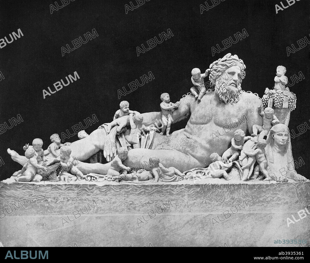 'Old Father Nile', (1893). Ancient Roman sculpture also known as 'Colossus of the Nile', of the river god with sphinxes and crocodiles. From the Vatican, Rome. Illustration from Portfolio of Photographs of Famous Cities, Scenes and Paintings, (The Werner Company, Chicago, c1893).