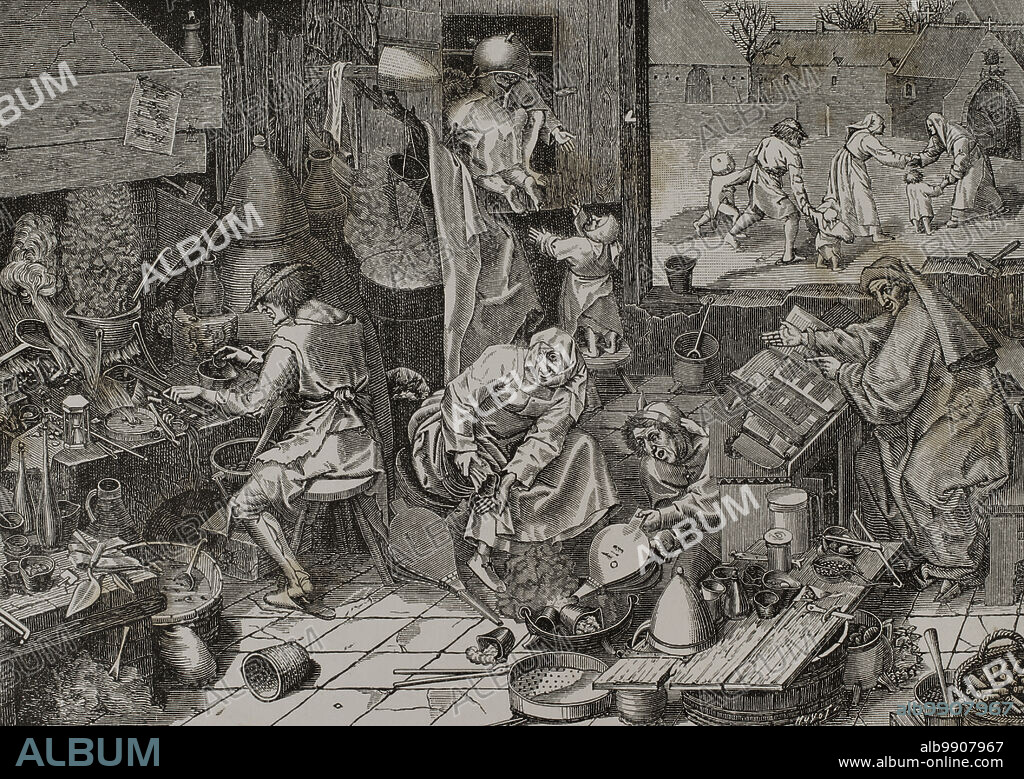 JULES HUYOT. FRENCH ENGRAVER.. Laboratorio de un alquimista. Grabado por Huyot a partir de una tabla de Pieter Brueghel el Viejo y grabado por Jerome Cock en el siglo XVI. Sciences & Lettres au Moyen Age et à l'époque de la Renaissance. París, 1877.