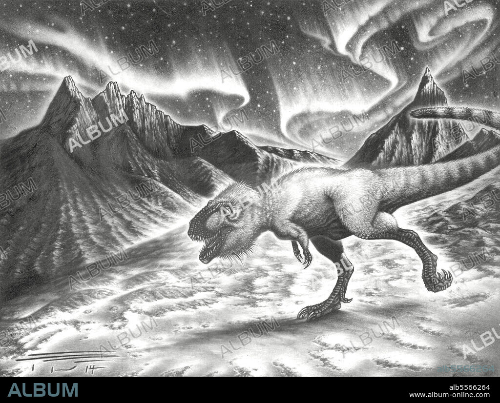 Graphite sketch of a starved Nanuqsaurus hoglundi roaming around the snowy terrain in the area that is now called Prince Creek Formation, Alaska.