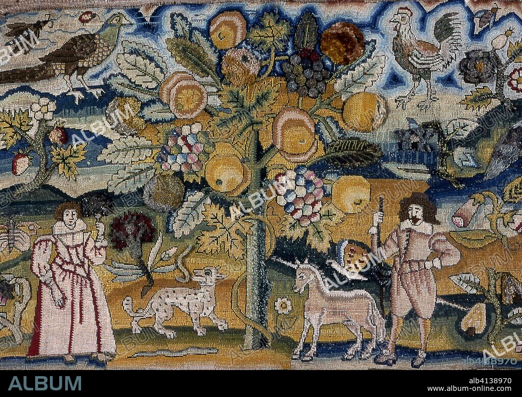 Picture Depicting Adam and Eve (Needlework). England. Date: 1601-1700. Dimensions: 30.5 × 45.1 cm (12 × 17 3/4 in.). Linen, plain weave; embroidered with silk and creped silk yarns, gilt-metal purl and wire, gilt-metal-wire-wrapped silk, and gilt-metal-strip-wrapped silk in buttonhole filling, raised and couched buttonhole, plaited braid, square chain, and tent stitches; knots, knotted pile, and couching; glass beads. Origin: England.