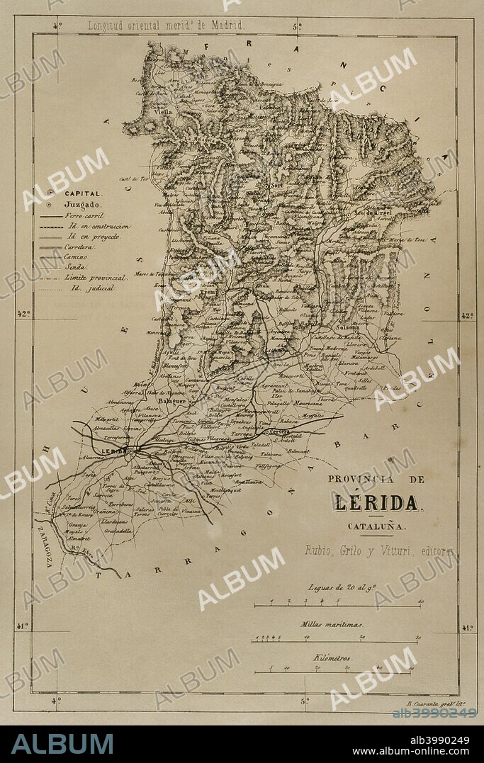 Mapa de la provincia de Lérida (Lleida). Crónica General de España, Historia Ilustrada y Descriptiva de sus Provincias. Cataluña, 1866. Biblioteca Histórico Militar de Barcelona. Cataluña, España.