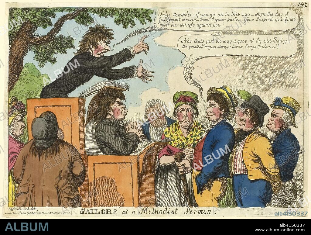 GEORGE WOODWARD. Sailors at a Methodist Sermon. Unknown Artist (English, late 18th century); after George Moutard Woodward (English, c. 1760-1809); published by S.W. Fores (English, 1761-1838). Date: 1819. Dimensions: 240 × 340 mm. Etching in black, with hand-colored additions, on cream wove paper. Origin: England.