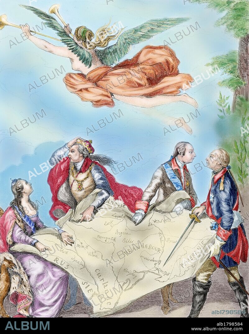PRIMER REPARTO o PARTICION DE POLONIA en el año 1772 entre Catalina II la Grande de RUSIA, Federico II el Grande de PRUSIA y José II de AUSTRIA. Epoca del reinado del monarca polaco Estanislao Augusto Poniatawski. Grabado Alemán coloreado del s. XIX. Según cuadro de Moreau.