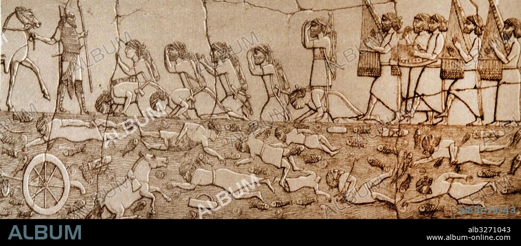 Print of a relief sculpture from Nineveh, depicting surrender of the survivors from a battle.