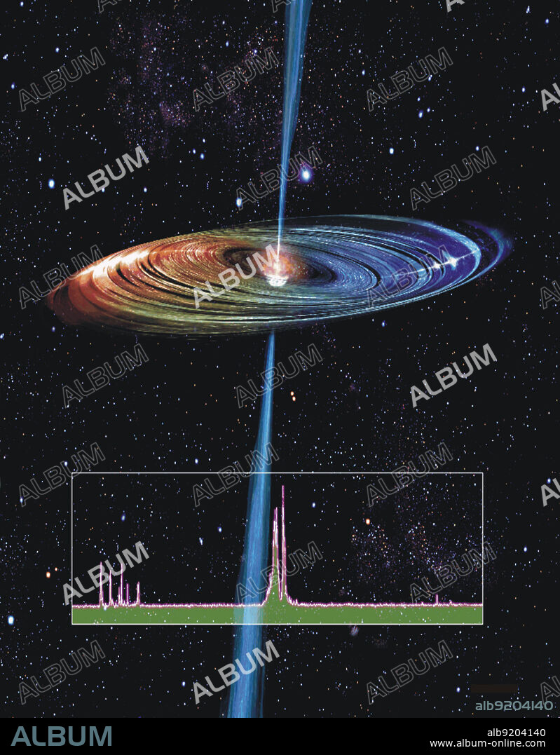 Artist's rendition of the accretion disk and radio jet around the black hole in the heart of the Seyfert galaxy NGC 4258. NGC 4258 contains one of the very few galactic nuclei for which astronomers can make images of accretion disk material that lies within a few tenths of a parsec from a supermassive black hole. The most remarkable characteristics of the disk are that it is "paper thin," warped, and rotating differentially according to Kepler's laws (i.e., the square of rotation velocity is proportional to the reciprocal of radius). In many other galaxies the characteristics of accretion disks must be inferred indirectly. In NGC 4258, they may be inferred directly from images that resolve the velocity and angular structure of the disk. In this artist's conception, the disk is color coded according to Doppler shift. The blue regions of the disk are moving toward us, while the red regions move away from us. The inset at the bottom of the graphic is a radio spectrum (intensity as a function of frequency or velocity) of the water maser emission. It is the distribution of water emission on the sky that astronomers map as they trace the outlines of the disk. The white glints on the disk surface show the locations of regions where maser emission has been detected. The blue beam emerging from the black hole represents the relativistic jet that has also be detected by astronomers on a variety of angular scales, with instruments such as the Very Large Array and the Very Long Baseline Array. It lies right along the rotation axis of the innermost portion of the disk.