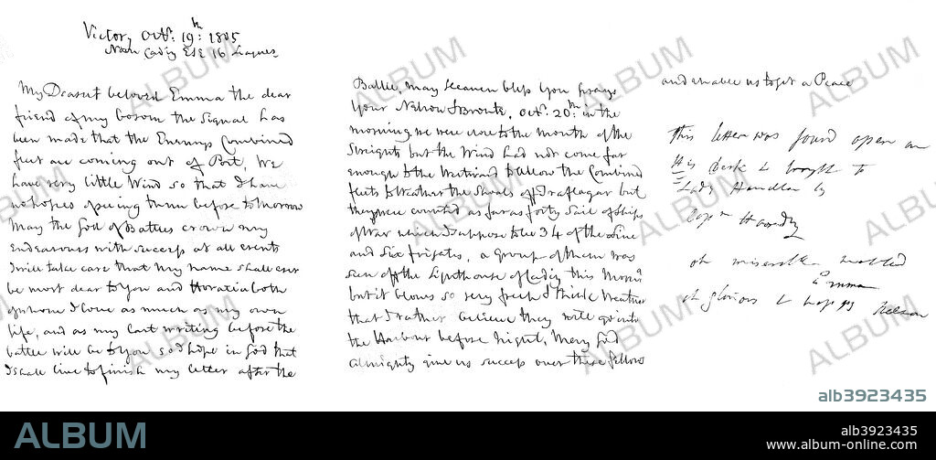 Letter by Admiral Lord Nelson to Lady Hamilton, 1805 (1865). The last part of the letter is in the hand writing of Lady Hamilton: Oh miserable and wretched Emma, oh glorious and happy Nelson. The original letter is in the British Museum (Egert. MS. 1614). A print from The Autograph Souvenir, A collection of Autograph Letters, Interesting Documents, &c, Executed in Facsimile, by Frederick George Netherclift, by Richard Sims, 1st Series, FG Netherclift, London, 1865.
