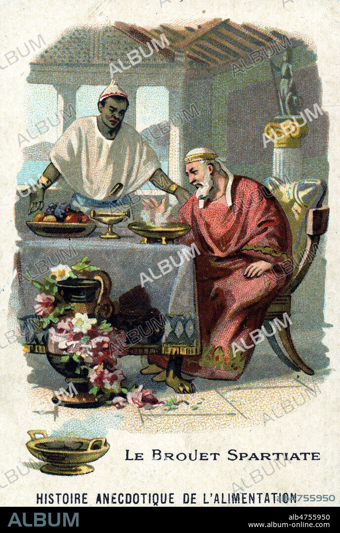 Le Brouet Spartiate ( Brouet noir, mets simple et grossier des anciens Spartiates, ragout de porc) - Serie de chromos Histoire anecdotique de l'Alimentation debut 20eme siecle. Collection Grob/KHARBINE-TAPABOR.