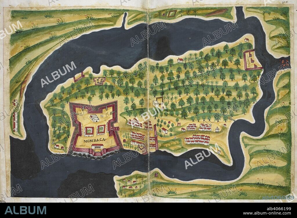 PEDRO BARRETTO DE RESENDE. Plan of the fort of Monbaco. Livro do Estado de India Oriental. Portugal; 1646. Source: Sloane 197, ff.103v-104. Language: Portuguese.
