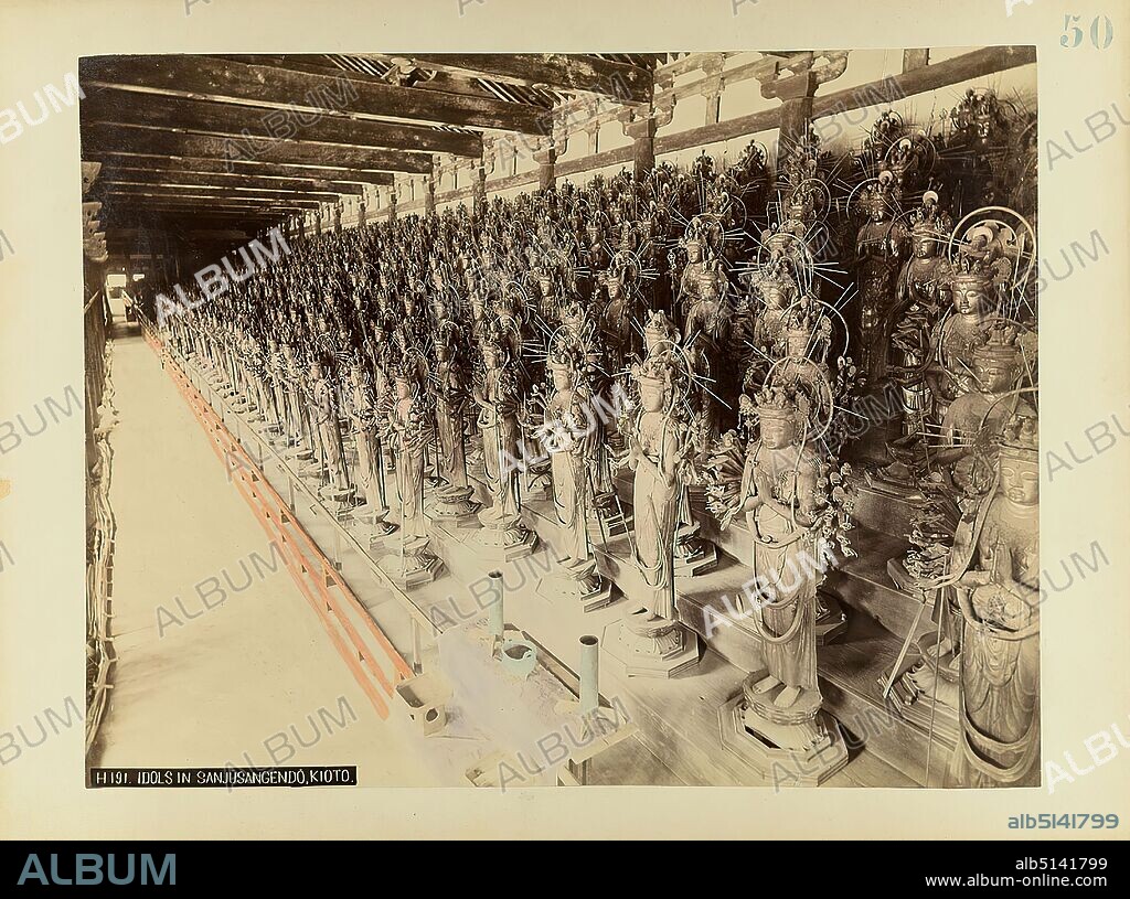 Idols in Sanjusangendo. Kyoto, albumin paper, black and white positive process, hand colored, image size: height: 20.40 cm; width: 26.60 cm, titled: recto and left: H191. Idols in Sanjusangendo. Kyoto, inscribed: recto o. r.: printed in blue: 50, travel photography, temples and sanctuaries (Hinduism, Buddhism, Jainism).