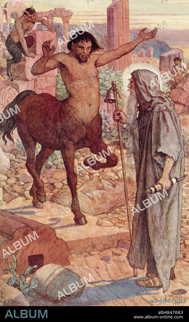 St. Anthony meets a centaur and a satyr during his journey through the desert to find Saint Paul of Thebes.  Saint Anthony or Antony, 251 â€“ 356.  Christian monk from Egypt.  From The Book of Saints and Heroes, published 1912.