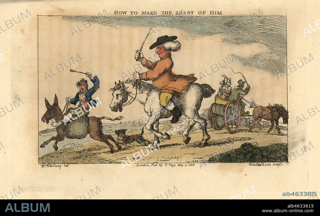 Regency man riding a horse using a whip, while a man whips a galloping donkey and a couple in a carriage beat a horse. How to Make the Least of Him. Handcoloured copperplate engraving by Thomas Rowlandson after an illustration by Henry Bunbury from Geoffrey Gambados An Academy for Grown Horsemen and Annals of Horsemanship, London, 1809.