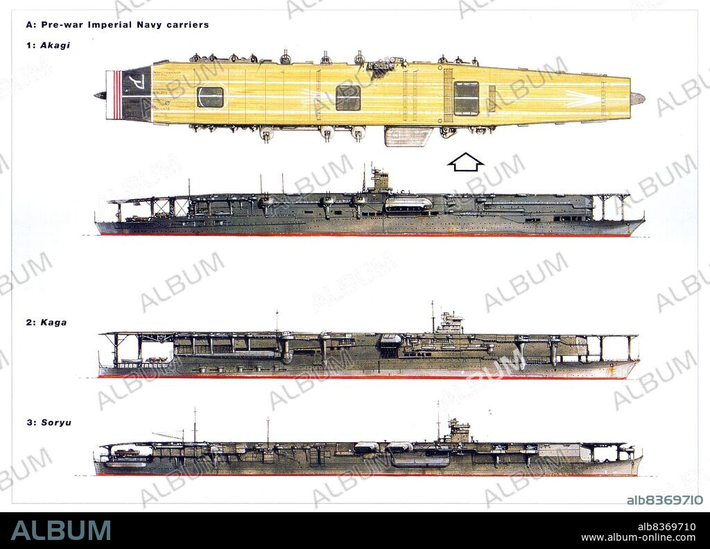 The Imperial Japanese Navy aircraft carrier Akagi was constructed between 1920 and 1927, and served between 1927 and 1942. The Akagi participated in the attack on Pearl Harbour in December 1941, and was sunk at the Battle of Midway in June 1942.<br/><br/>. The Imperial Japanese Navy aircraft carrier Kaga was constructed between 1920 and 1928, and served between 1928 and 1942. The Kaga participated in the attack on Pearl Harbour in December 1941, and was sunk at the Battle of Midway in June 1942.<br/><br/>. The Imperial Japanese Navy aircraft carrier Soryu was constructed between 1934 and 1937, and served between 1927 and 1942. The Soryu participated in the attack on Pearl Harbour in December 1941, and was sunk at the Battle of Midway in June 1942.