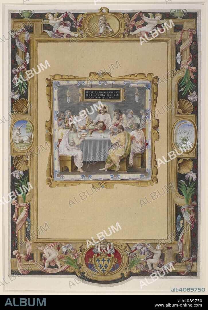 Historiated full-page border of a portrait, the arms, unicorn, rainbow and lily emblems and Greek motto 'Dikes krinon' of Paul III, shells, flowers, putti, urns, butterflies and ladybirds (the text excised). Historiated initial 'N' (cropped; the lower part of the letter is visible at the top right of the miniature) of the Last Supper beneath a cartouche inscribed in capitals 'Desiderio desideravi / hoc pascha manduc / are vobiscum', surrounded by a frame composed of four cuttings. Italy, Central (Rome); c. 1534 - c. 1549. Source: Add. 35254 O.