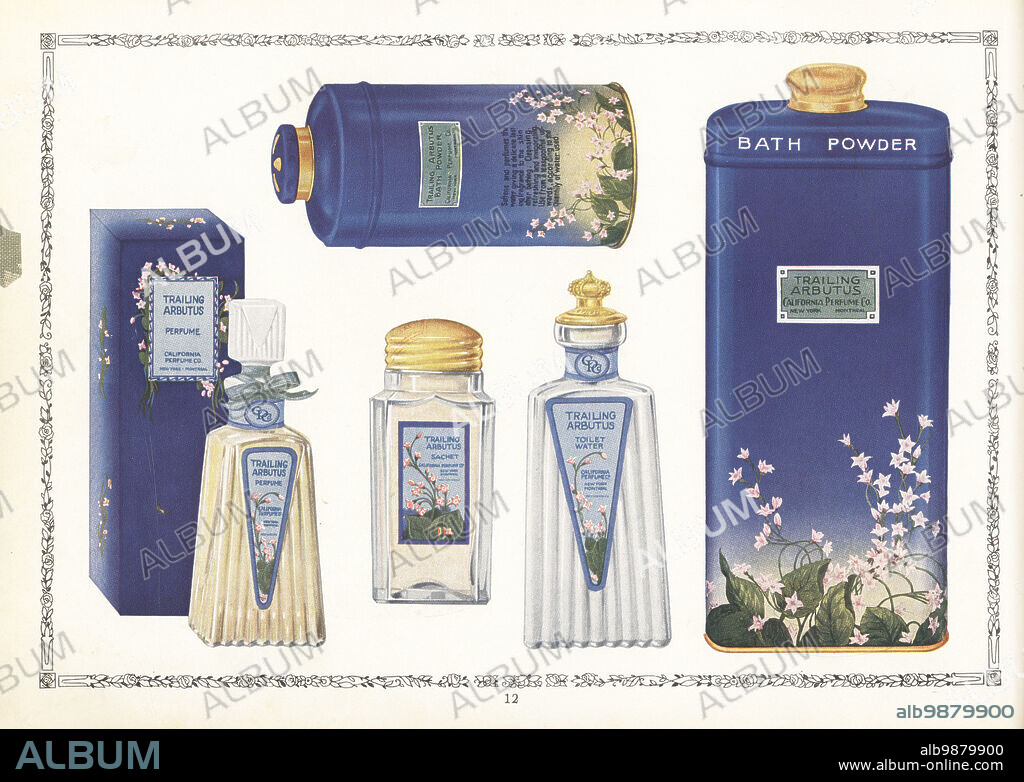 Trailing Arbutus brand cosmetics from CPC, 1926. Flacon of perfume with box, bottle of Sachet Powder fragrance, bottle of toilet water or eau de toilette, and cans of bath powder. Chromolithograph by an unknown artist from the California Perfume Company (later Avon) product catalog, New York, Kansas, Montreal, 1926.
