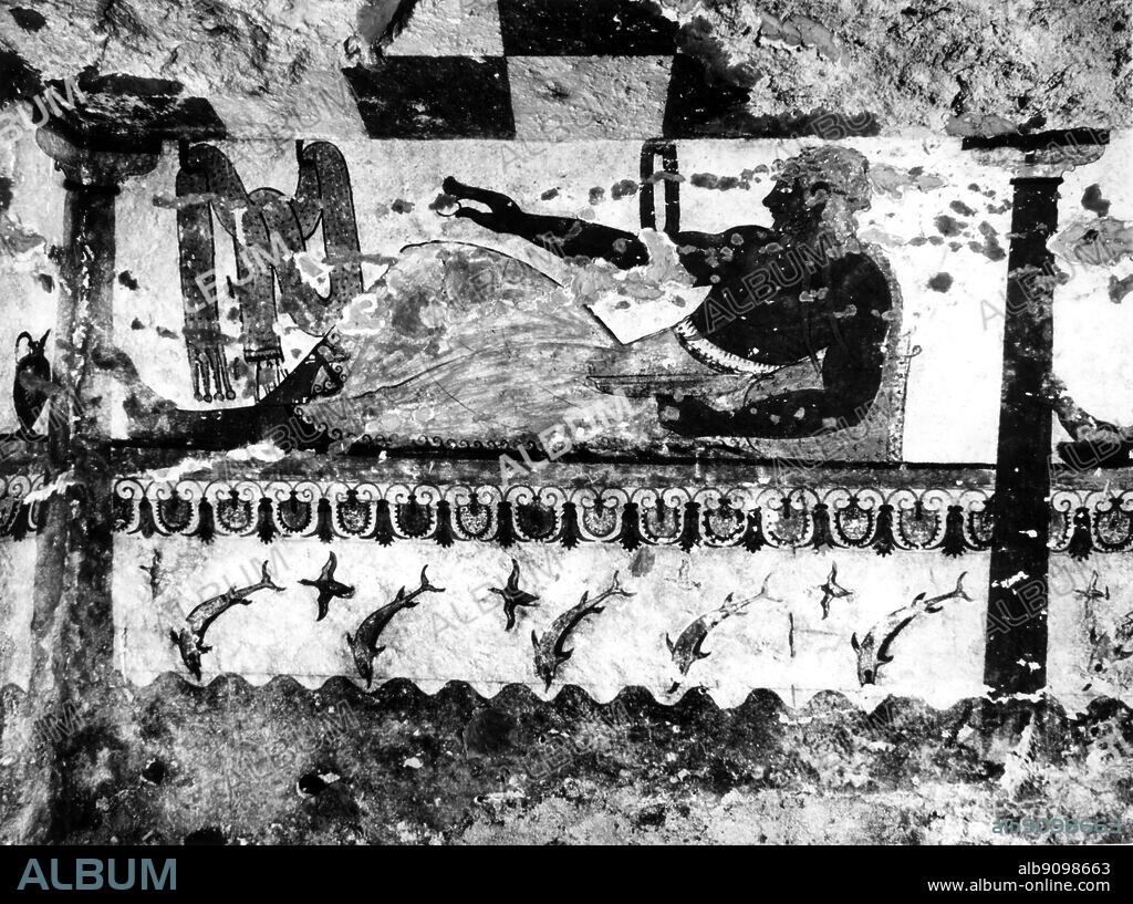 Reclining banqueter , Tomb of the Lionesses , Tarquinia , Italy 520 BC.
