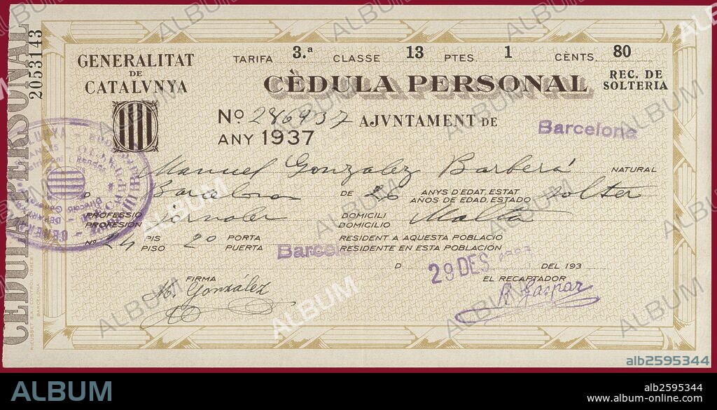 Cédula personal expedida por la Generalitat de Catalunya en 1937.