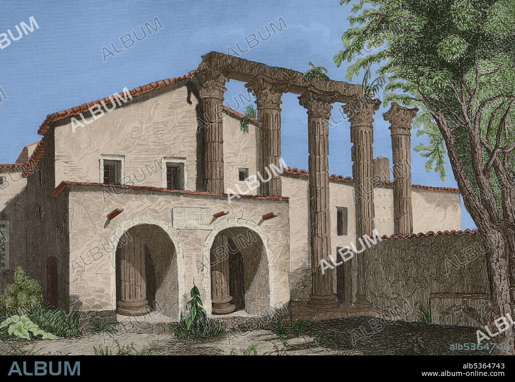España. Extremadura. Ruinas del Templo de Diana en Mérida. Grabado coloreado. Las Glorias Nacionales. Tomo I, edición Madrid-Barcelona, 1852.