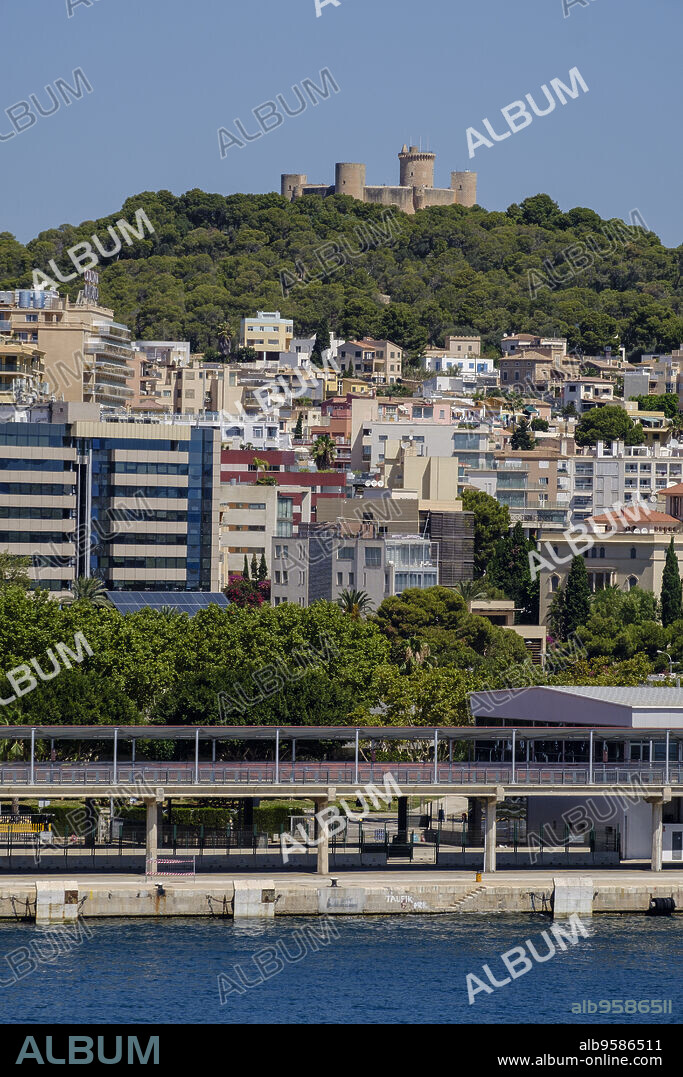 Paseo Maritimo and Bellver Castle, port of Palma, Mallorca, Balearic Islands, Spain.