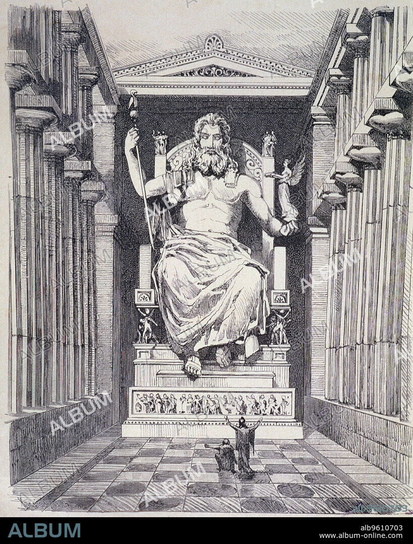 Chryselephantine statue of Zeus, built in year 471 BC, in the temple of Olympia, by Phidias. German engraving from 1886, is one of the seven wonders of the world..