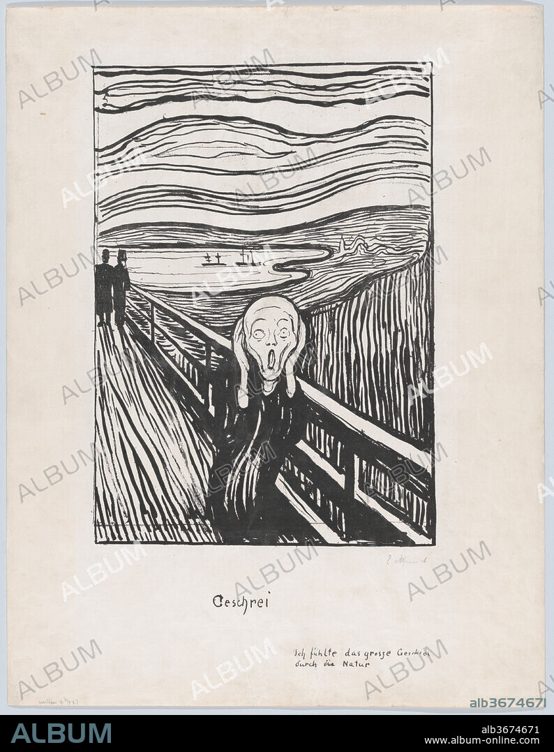 The Scream. Artist: Edvard Munch (Norwegian, Løten 1863-1944 Ekely). Dimensions: Image: 14 1/16 x 9 5/16 in. (35.7 x 23.6 cm)
Sheet: 20 1/4 x 15 5/8 in. (51.4 x 39.7 cm). Date: 1895.
The extreme familiarity of this image today makes it hard to realize how shocking it and other works by Munch were when they were created slightly over a hundred years ago. Munch's art represented his own emotions, mostly the darker ones of fear, dread, loneliness, and sexual longing, with extraordinary expressiveness. The screaming figure personifies existential horror. A precursor of this image is a drawing of a man (Munch himself) on a similar bridge, with a blood-red sky above. A text accompanying this drawing states: "I walked with two friends. Then the sun sank. Suddenly the sky turned as red as blood ... My friends walked on, and I was left alone, trembling with fear. I felt as if all nature were filled with one mighty unending shriek.".
