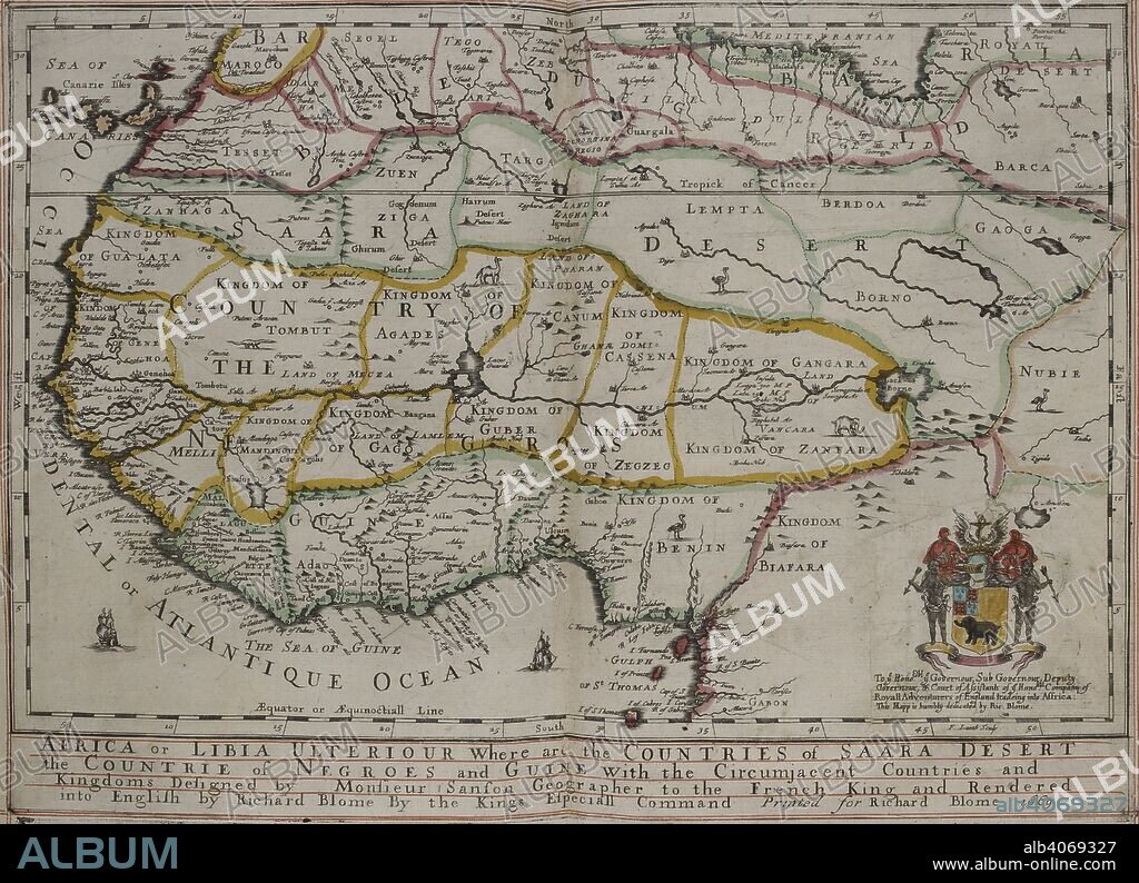 Map of Africa, showing the Sahara desert. Africa or Libia Ulteriour where are the Countries of Saara [!] Desert . . . and guine with the circumjacent countries and kingdoms / Designed by Monsieur Sanson . . . ; Rendered into English by Richard Blome . . . 1669 ; F. Lamb Sculp. [London : R. Blome, 1670]. Source: C.39.d.2.