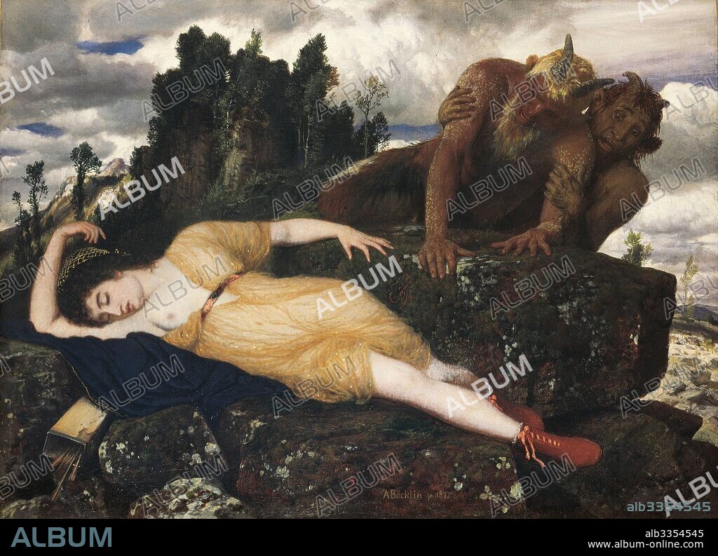 ARNOLD BOECKLIN. Sleeping Diana Watched by Two Fauns.