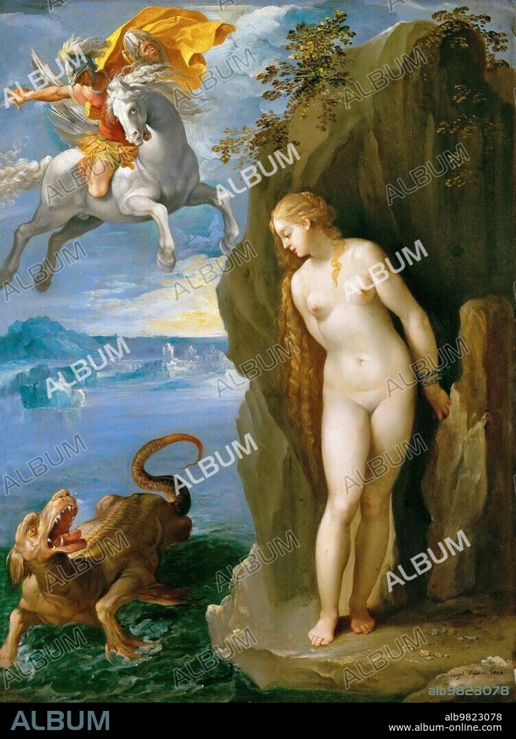 Andromeda, in Greek mythology the wife of Perseus and the daughter of the Ethiopian king Cepheus. To atone for her mother's hubris, Andromeda is to be offered as a human sacrifice to a sea monster of Poseidon and is chained to a rock, painting by Giuseppe Cesari, Historical, digitally restored reproduction from a 19th century original
