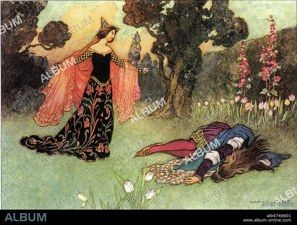 La Belle et la Bete par Jeanne-Marie LEPRINCE de BEAUMONT (1711-1780). Illustration par Warwick GOBLE (1862-1943) pour des contes populaires en 1913. Credit : Jean Vigne/KHARBINE-TAPABOR.